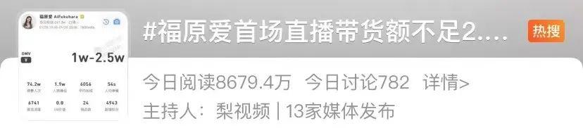 热搜第一!福原爱现身带货,成交额仅2.3万